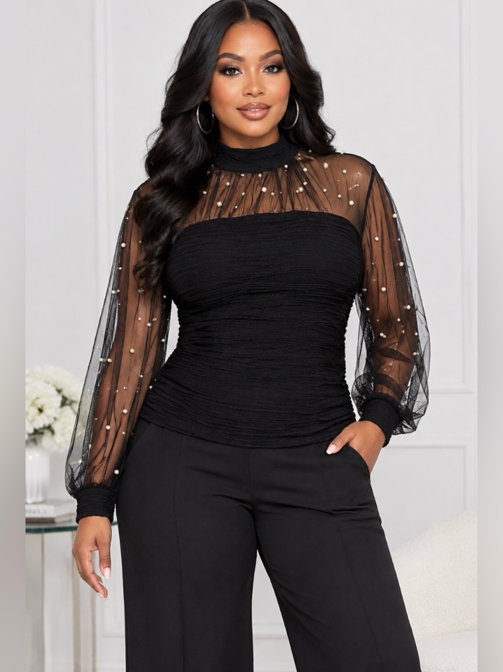 CBR Black Pearl-Embellished Mesh Long-Sleeve Top